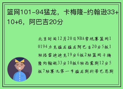 篮网101-94猛龙，卡梅隆-约翰逊33+10+6，阿巴吉20分